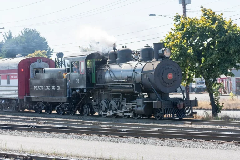 Mt. Rainier Scenic Railroad steam locomotive No. 70 puffing steam near Elbe, Washington