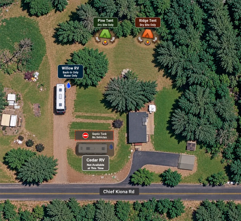 Aerial site map of Silver Creek Cabins showing the Willow RV site (back-in, water only), Pine Tent and Ridge Tent (dry sites), the no-vehicle septic tank area, and the Cedar RV pad marked not available