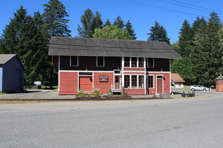 The red historic Morton train depot in Morton, Washington
