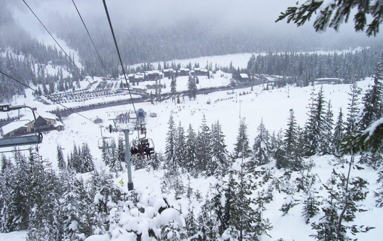 Snowy runs and lift cables at White Pass Ski Area